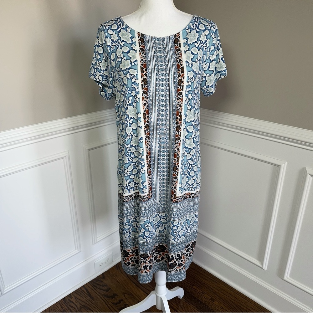 J. Jill Blue and White Patterned  Casual Dress Size Medium